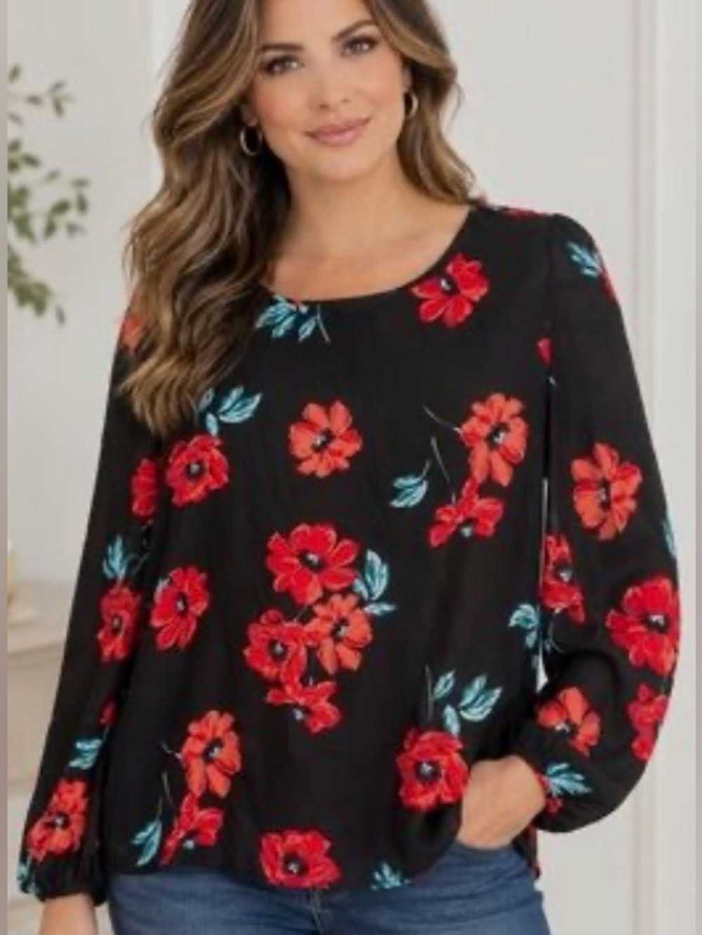 Express Black Blouse with Red Floral Print